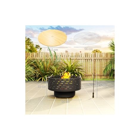 Brasero 3-en-1 gris anthracite en inox Ø60 x 39 cm avec grille, pare-étincelles et tisonnier pour jardin et terrasse (1/5)
