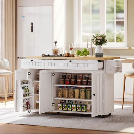 Meuble de cuisine îlot avec plateau rabattable, 137 x 89,5 x 70 cm, MDF et mélamine, blanc DESVIAE (1/5)