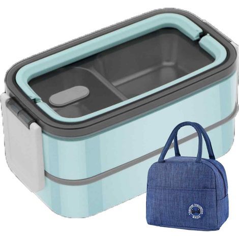 boîte à lunch isotherme,304Boîte à lunch portable en acier inoxydable bleu à 3 compartiments + sac à lunch (1/5)