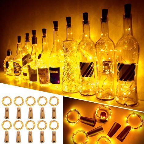 Luz LED para botella, 12 piezas, cadena luminosa de 20 LED y 100 cm con hilo de cobre blanco cálido a pilas, luces para botellas de vino con tapón de corcho para decoración DIY y fiestas de Navidad (1/5)