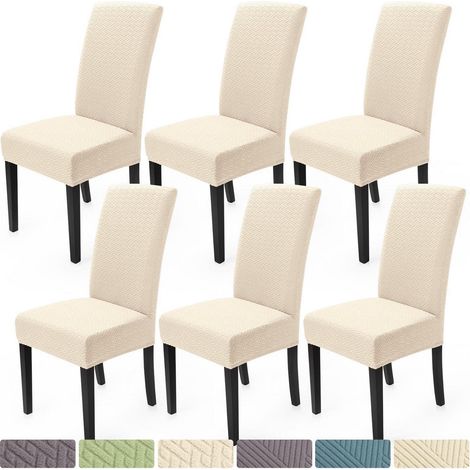 Stuhlhussen 6er Set Stretch Jacquard für Esszimmerstühle, Cremeweiß (1/5)