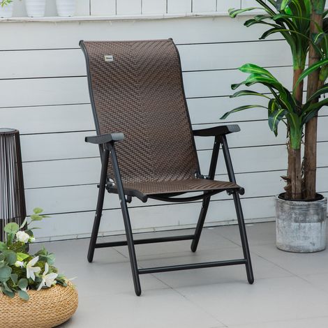 Outsunny Polyrattan Gartenstuhl Klappstuhl mit 7-Fach Verstellbarer Rückenlehne wetterfester klappbar Balkonstuhl Campingstuhl 120kg Belast Gartenstühle für Garten, Balkon 58x71x111cm Braun+Schwarz