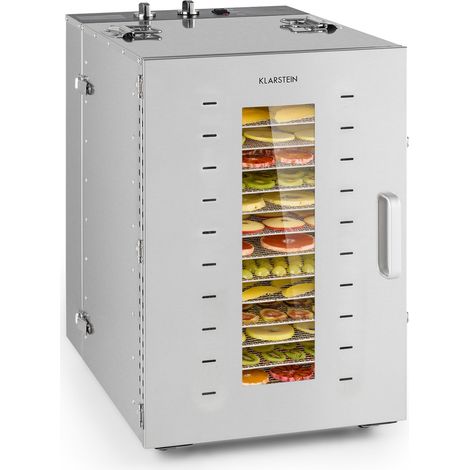 Klarstein Master Jerky - Dörrautomat, Dehydrator stufenlos regelbare Temperatur von 40-90 °C, 15h-Timer, DigiSet Control, 16 Einschübe aus Edelstahl, Dörrgerät mit 1500W, silber