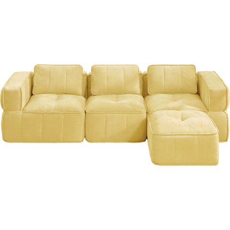 Divano modulare a L 3 posti con pouf, tessuto in poliestere giallo (1/5)