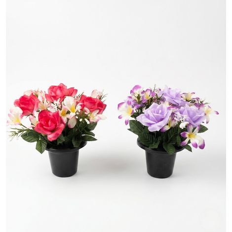 HOMESCAPES Artificial Rose & Orchid Gravepot, Set of 2 Memorial Flowers (1/5)