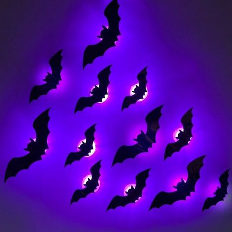 12 Pièces 3D Chauve Souris Halloween, Taille Horreur Chauve Souris Stickers Muraux Avec LED, Decoration Helloween Intérieur,Violet (1/5)