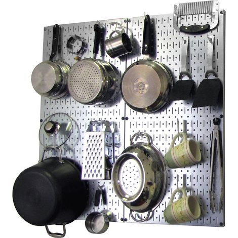 Organiseur de cuisine argenté métallique avec accessoires blancs, kit de rangement pour casseroles et poêles, 81,3 x 81,3 cm, 18 crochets, support mural, acier, réglable et facile à (1/5)