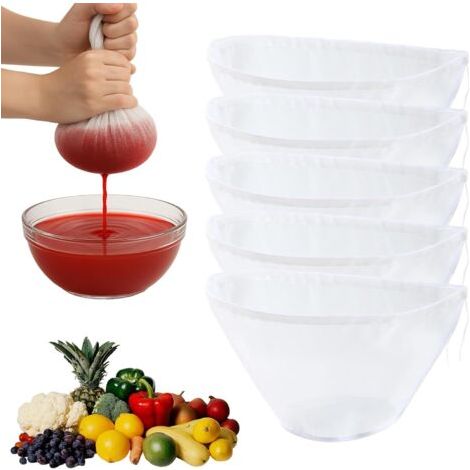 Lot de 5 sacs à lait de noix bio lavables avec cordon de serrage, tissu filtrant à mailles fines, réutilisables, en nylon, étamine à fromage, avec cordon de serrage (1/5)