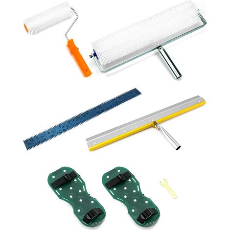 Kit Outils Ciment Autonivelant - Grattoir Acier Inoxydable 56 cm - Rouleau Long 48 cm - Rouleau Court 23 cm - Chaussures À Pointes 30 mm - 4 Pièces