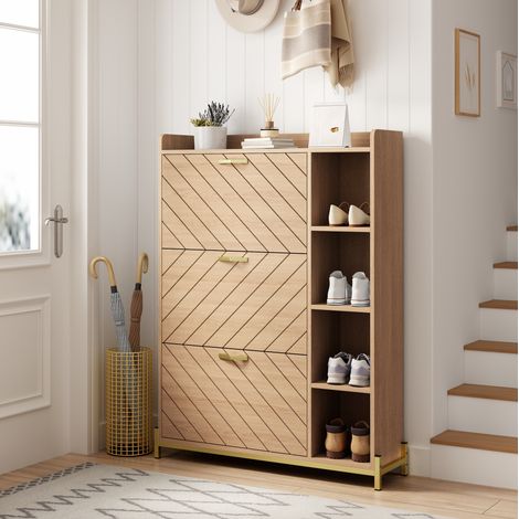 Mobile portascarpe 90x24x119 cm, a tre ante ribaltabili, vani aperti laterali, MDF naturale (1/5)