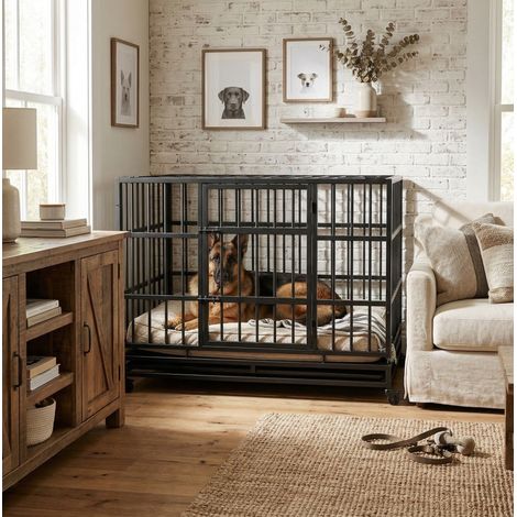 Gabbia per cani robusta in acciaio 120 x 75,7 x 92 cm con ruote e vaschetta OKWISH (1/5)