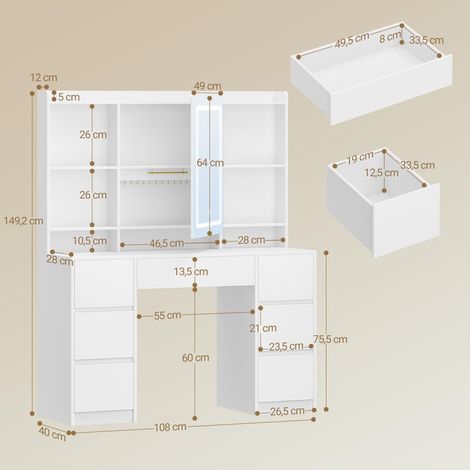Dressing Table with Lights, Vanity Desk with Large LED Mirror (Adjustable Brightness) & 7 Drawers, 4 Shelves + Mirror-Back Storage for Bedroom