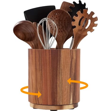 Portautensili da cucina - Legno di acacia con base girevole a 360 gradi - Adatto per 15-20 pezzi - Con fondo antiscivolo - Organizer rotondo (1/5)