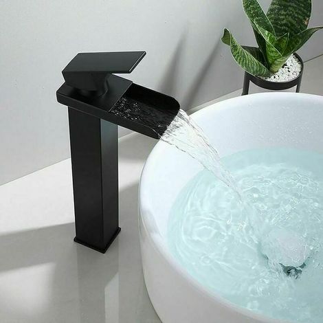 1 Mitigeur lavabo, robinet cascade, noir mat, acier inoxydable, eau chaude froide, pour plan de travail (1/5)