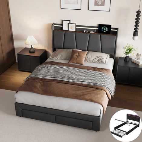 Cadre de lit 140x190 avec rangement - Lit coffre avec LED et USB - 2 Tiroirs - sommier à lattes - lit 2 Personnes - lin Gris Foncé (1/5)