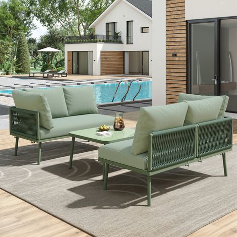 Ensemble de salon de jardin en fer et corde verte en L, 2 canapés + 1 table, coussins d'assise inclus, pieds réglables – extérieur, terrasse, jardin (1/4)