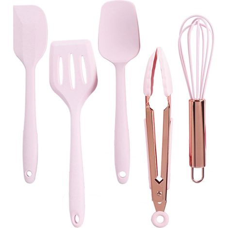 Kit de Pâtisserie 5 Pièces en Silicone Rose pour Garçon et Filles Ustensiles de Cuisson pour Gâteaux, Spatules Souples, et Pinces, Accessoires la Cuisine Adaptés Ateliers (1/5)