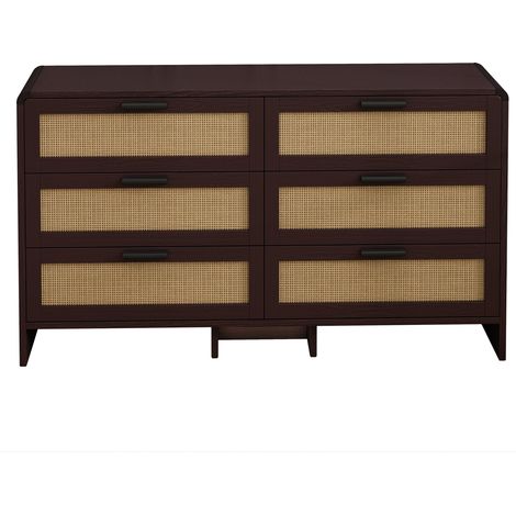 Armoire d'angle cintrée en bois et rotin, 6 tiroirs, couleur marron rougeâtre (1/5)