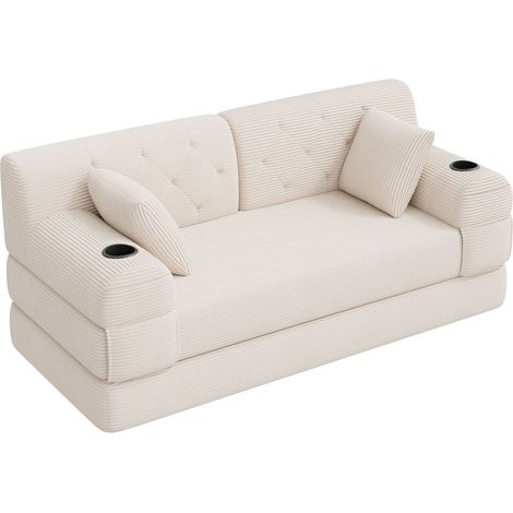 Canapé Droit Convertible 2 Places en Velours Côtelé beige avec Porte-gobelets, métal robuste et dossier haut,168×80×81cm (1/5)