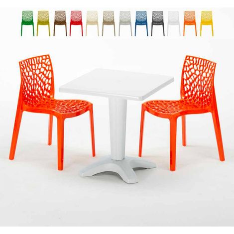 Table Carrée Blanche 70x70cm Avec 2 Chaises Colorées Grand Soleil Set Bar Café Gruvyer Patio - Orange (1/5)