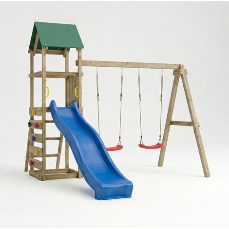 Parco giochi in legno Maxplay 2.1 con scivolo blu, doppia altalena e arrampicata per giardino (1/5)