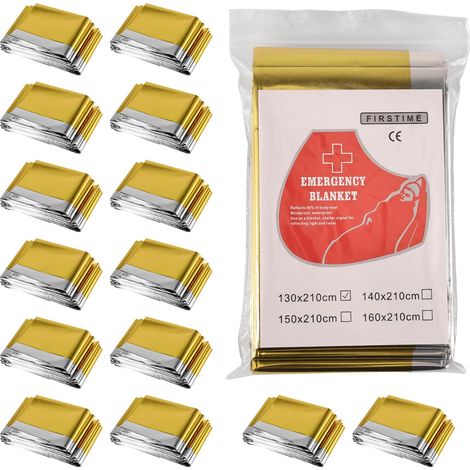 Lot de 15 couvertures de survie doré/argenté - 210 x 130 cm - Couverture de survie d'urgence - Couverture chauffante pour les situations d'urgence et les conditions météorologiques - 15 x (1/5)