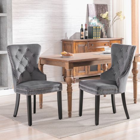 Silla tapizada de terciopelo gris 51 x 51 x 97 cm con patas de madera (1/5)