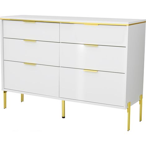 Moderne Kommode mit 6 Schubladen, Weiß und Gold, glänzende Fronten, 120 x 40 x 85,5 cm, MODENUIT (1/5)