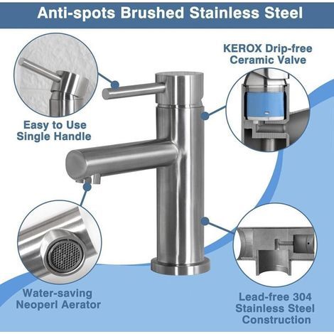 Robinet de lave-mains Mitigeur De Lavabo Monotrou En Acier Inoxydable, Chaud Et Froid, Finition Brossée (1/3)