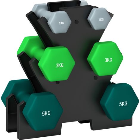 Set de 6 mancuernas con soporte, 2 x 1 kg, 2 x 3 kg, 2 x 5 kg, metal, multicolor (1/5)