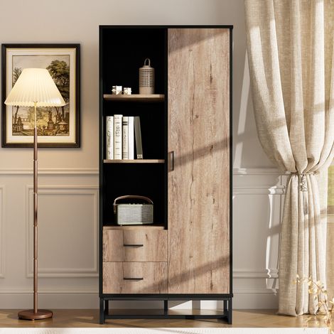 Vitrine haute 180 cm, vitrine indépendante, aspect bois, avec 2 tiroirs et 3 compartiments, rangement, convient pour salon, chambre, couloir - Noir (1/5)