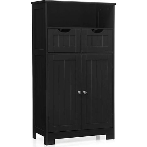 Meuble de salle de bain noir en bois avec 2 tiroirs, 2 portes et étagère réglable pour salle de bain, chambre et entrée (1/5)