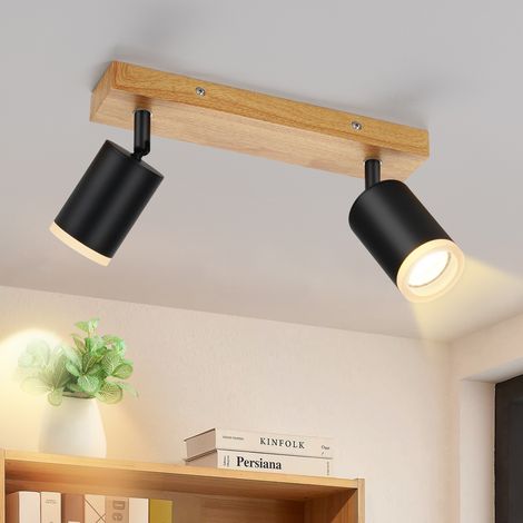 GBLY Luminaria LED de techo con dos focos GU10 - Luminaria de techo de madera negra, lámpara de cocina giratoria a 350°, luminarias de techo de estilo industrial vintage (sin foco)