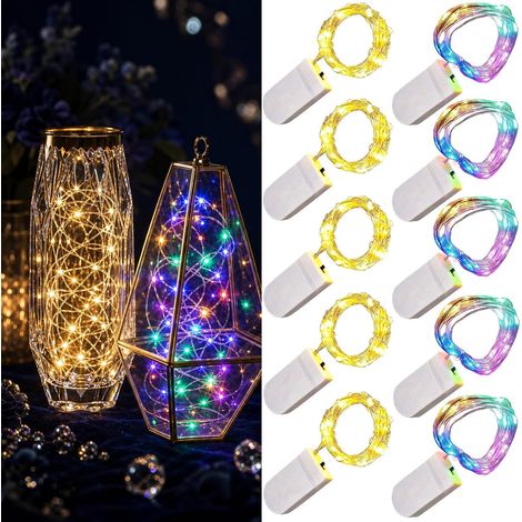 Lot de 10 guirlandes lumineuses LED à piles 1m 10 LED fil d'argent multicolore et blanc chaud étanche guirlande lumineuse- 5 Blanc Chaud + 5 Multi (1/5)