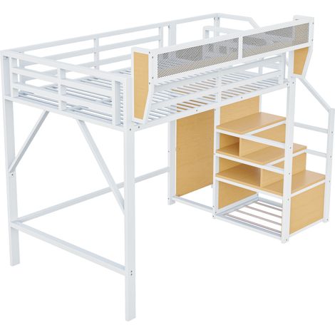 Lit mezzanine 140x200 avec échelle de sécurité et rangement flexible, lit métal adulte enfant superposé, blanc, matelas non inclus, gain de place, pour chambre adulte (1/5)