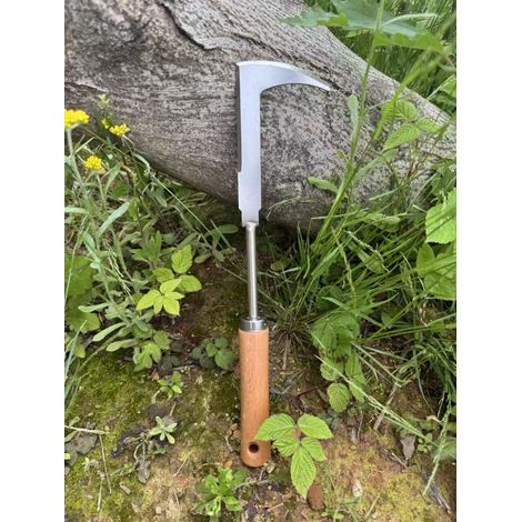 Couteau de désherbage en acier inoxydable avec lame courbe et manche en bois  Longueur totale : 31,5 cm  Longueur de la lame : 7,5 cm  Longueur du manche : 13 cm
