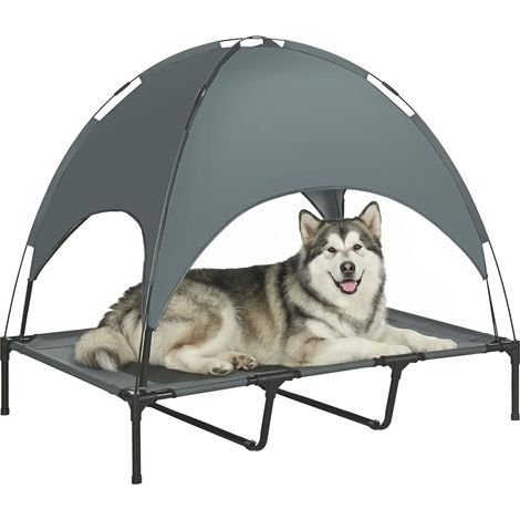 PawHut Lit chien sureleve avec parasol, lit de camp chien chat sur pieds tissu Oxford respirant, anti-UV cadre en métal sac de transport inclus couchage extérieur pour chat 122 x 92 x 108 cm gris noir