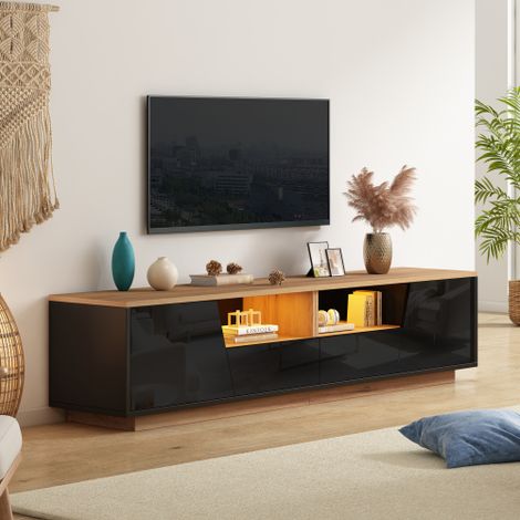 Mobile TV da 1804046 cm con 2 cassetti e 2 ante, supporto TV, mobile TV con illuminazione a LED, base lucida e tavolino TV, adatto per TV fino a 75 pollici, colore nero + inserti effetto legno. (1/5)