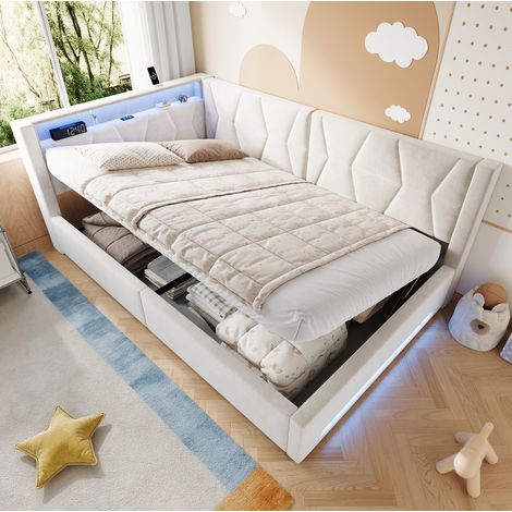 Polsterbett mit Bettkasten 140x200 cm, LED, USB und Type-C, beige Samt HAVRYA (1/5)
