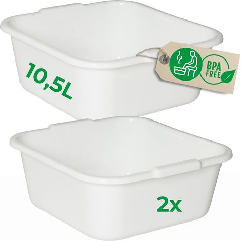 Novaliv Lot de 2 bassines à vaisselle carrées 10,5 L, 34 x 34 cm, blanches, sans BPA, compatibles lave-vaisselle, idéales pour la cuisine et le