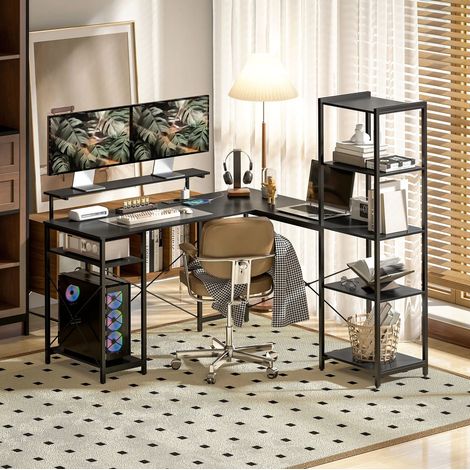 Bureau d'angle avec prise USB-C et étagères noir OKMYHOME (1/5)