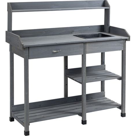 Outsunny Multifunktionaler Pflanztisch, Gartentisch mit Schublade, 3 Ablagen, Spülbecken, 3 Haken – Vorgeölter Pflanztisch aus Tannenholz, Grau