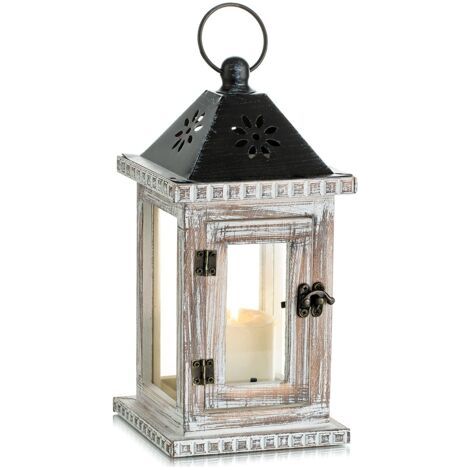 Lanterne Bougie Bois Exterieur, 28cm Lanterne Decorative Bougeoir Vintage,Table Maison Jardin Deco, Blanc (1/5)