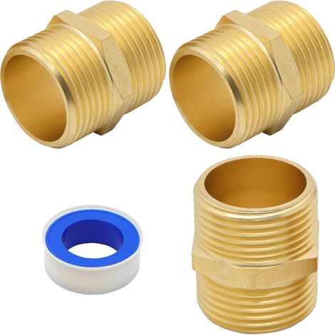 3 Raccords Double Connecteur 1 Pouces, Manchon de Réduction en Laiton Filetage Mâle 1 Pouce, Raccords de tuyauterie pour chauffage et plomberie, avec bande PTFE (1/5)