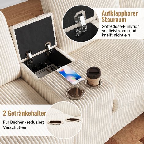 Canapé d'angle en velours côtelé beige, avec 2 poufs de rangement, table basse, 2 porte-gobelets, 1 port USB, 2 prises et 2 connecteurs Type-C, dimensions L315×H81×P135 cm (1/5)