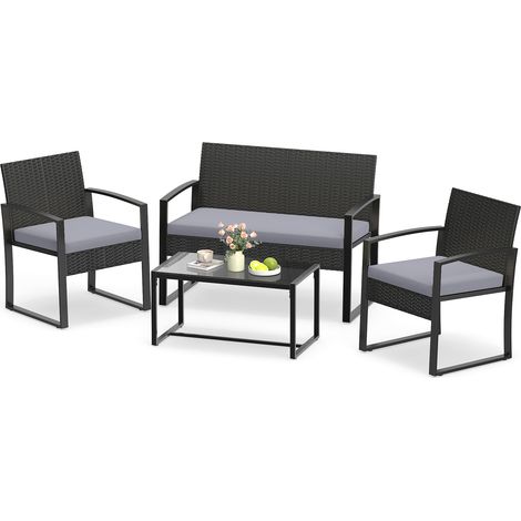 Salon de Jardin Exterieur 4 Personnes en Rotin, Table Basse avec Plateau en Verre Trempé, 2 Fauteuils, 1 Canape, pour Terrasse Balcon Patio, Gris (1/5)