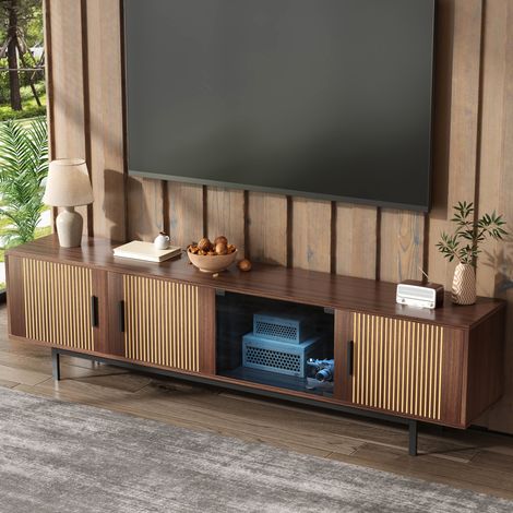 Mobile TV 200 cm marrone con texture incisa, fascia luminosa LED e anta in vetro temperato (1/5)