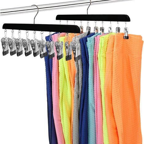 Lot de 2 organiseurs de Leggings pour Placard, cintres en Bois avec Clips rotatifs à 360 °, Peut contenir 20 Leggings, Pantalons, Jeans, revêtement en Caoutchouc Noir