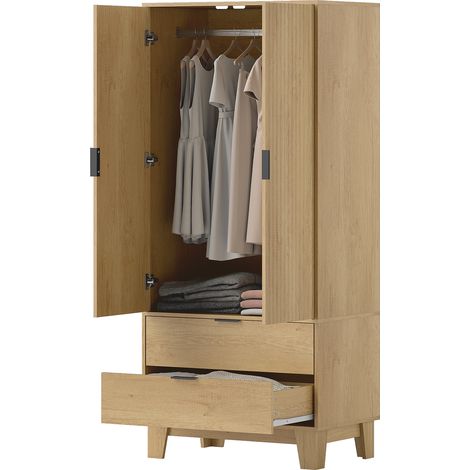 Armoire 2 portes penderie 80x50x180 cm bois naturel, fermeture douce, 2 tiroirs, barre penderie (1/5)