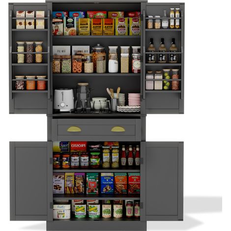 Armoire de rangement 182 cm, 4 portes et 1 tiroir, 2 portes avec étagères, 6 compartiments de rangement et 4 étagères réglables, adaptée à la cuisine, à la salle à manger et au salon, noire (1/5)